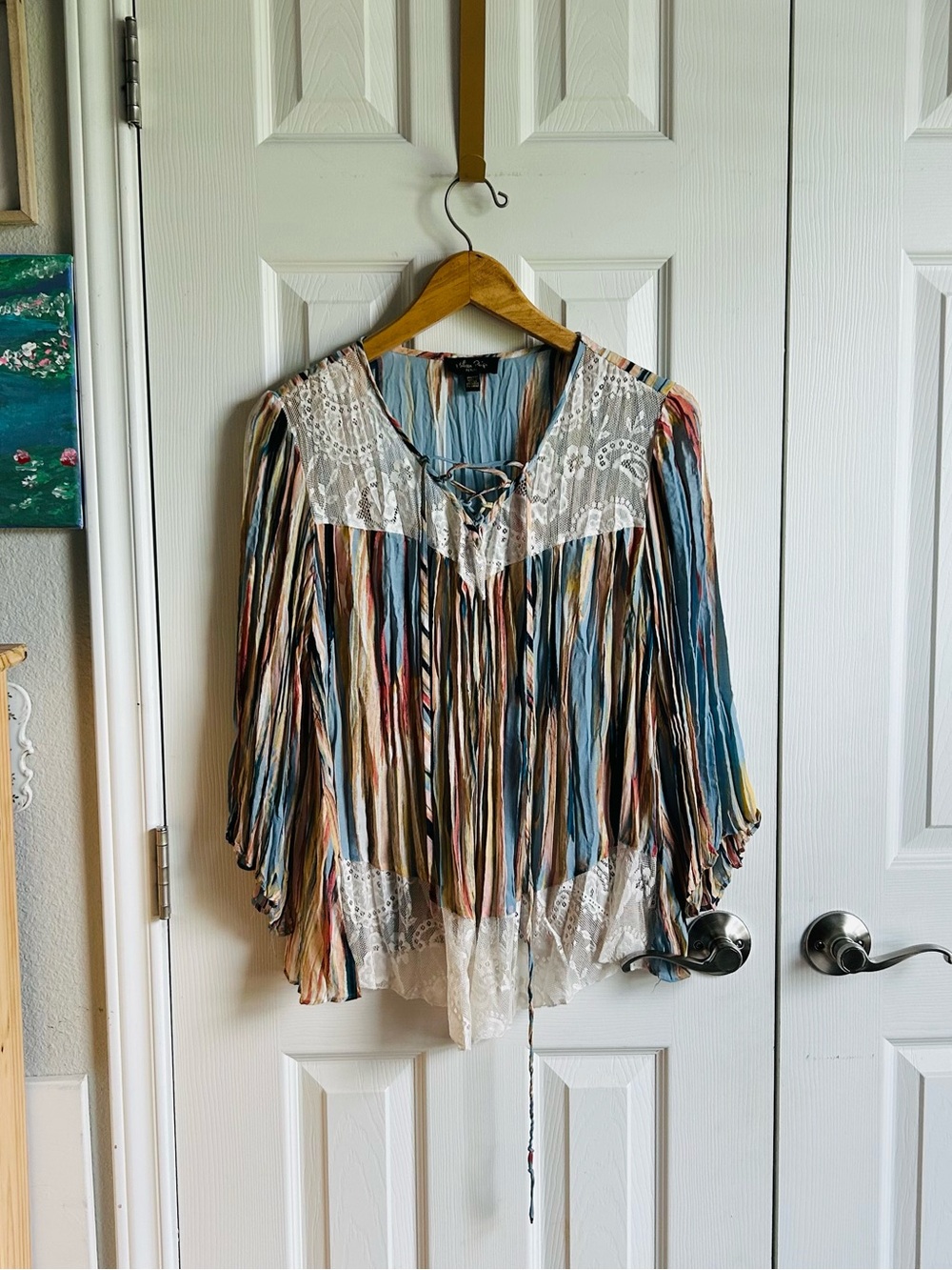 Melissa Paige multicolor abstract striped accordion & lace blouse